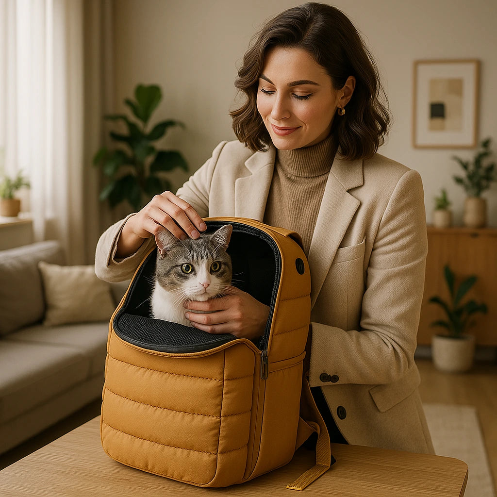 Femme citadine plaçant son chat dans un sac de transport stylé dans un appartement moderne.