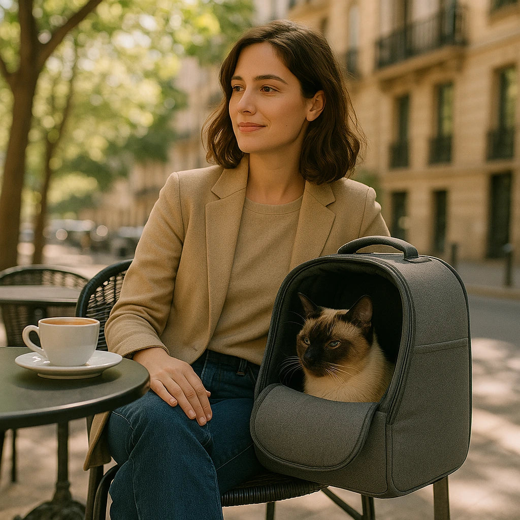 Femme en terrasse avec son chat installé dans un sac de transport élégant, moment complice en ville.